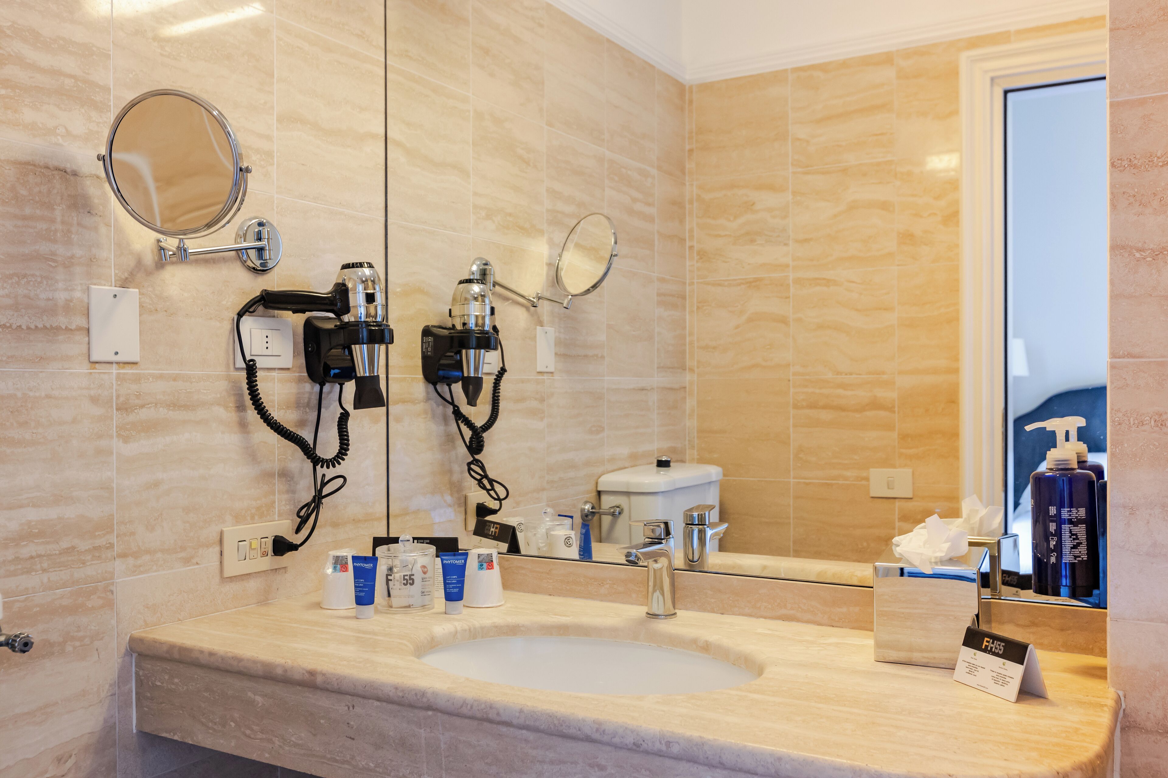 hair dryer, bidet, towels