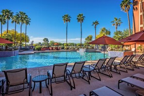 Outdoor pool, pool umbrellas, sun loungers