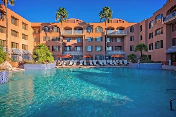 Outdoor pool, pool umbrellas, pool loungers