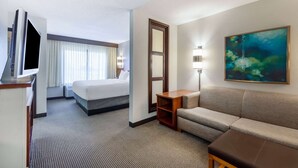 Una habitación de hotel con cama, sofá, televisión, un cuadro y lámpara.