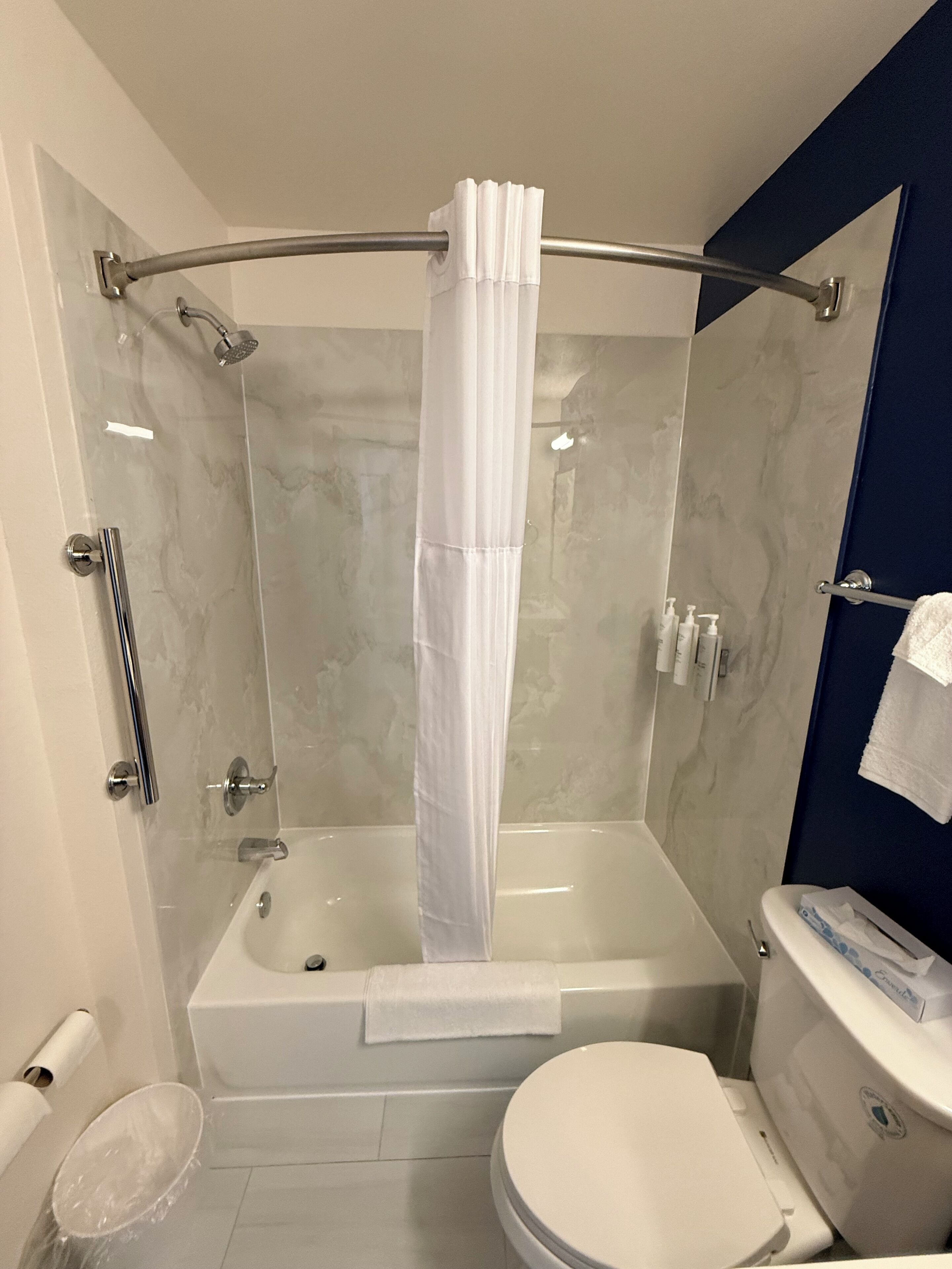 Un baño con ducha de vidrio, bañera, inodoro y toallero.