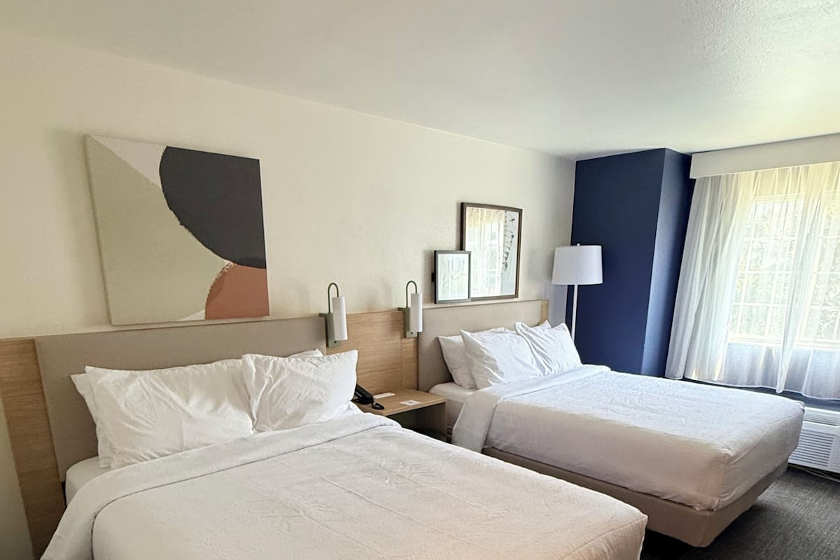 Habitación, 2 camas de matrimonio | Escritorio, tabla de planchar con plancha, cunas gratuitas y wifi gratis