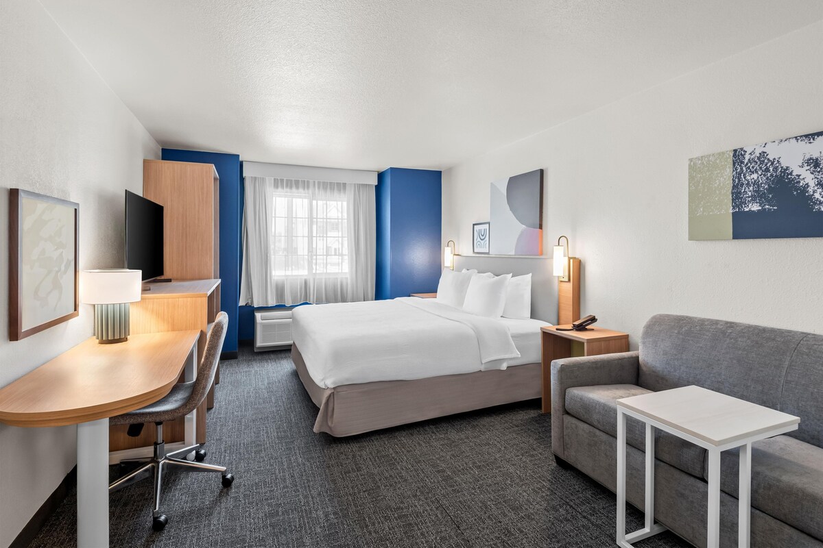 A hotel room with a bed, a desk, a chair, a sofa, and a small table.