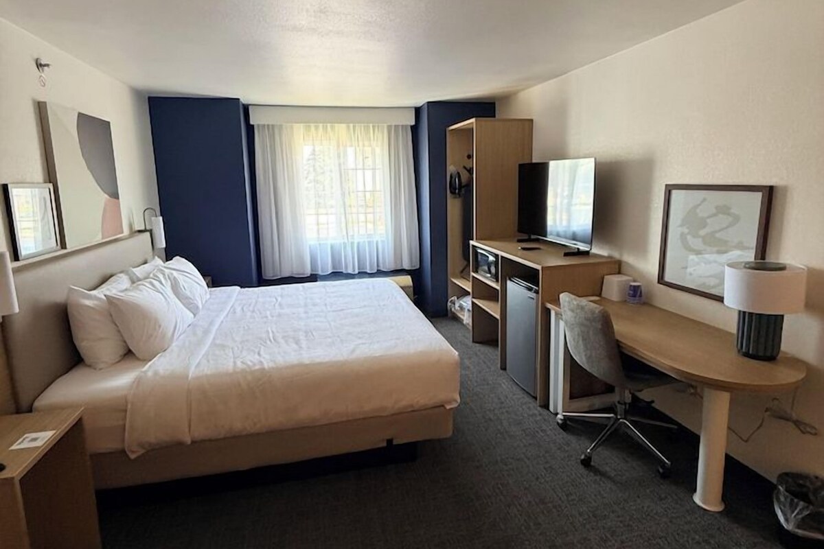 A hotel room with a bed, desk, chair, television, and a small kitchenette.