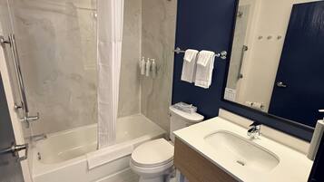 Hair dryer, towels, shampoo, toilet paper