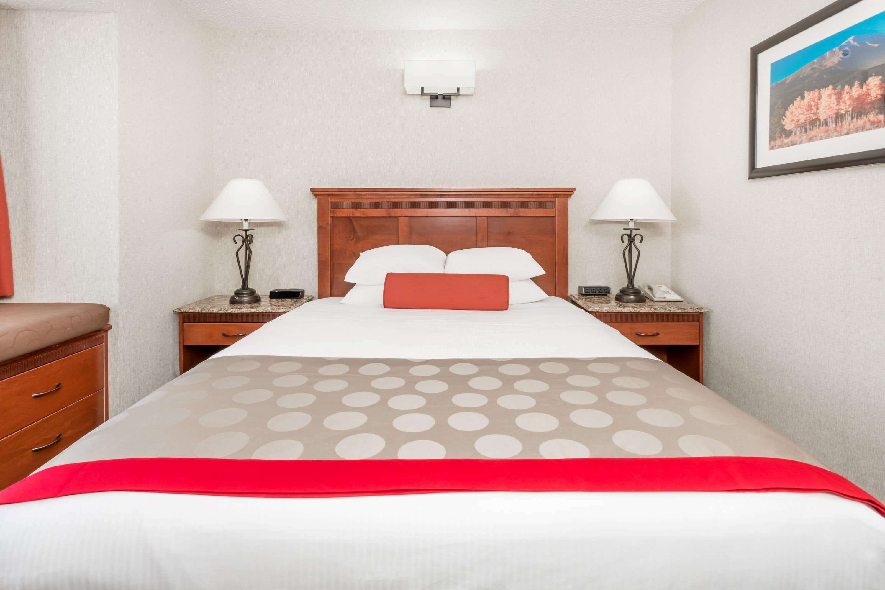A hotel room with a wooden headboard, two bedside tables with lamps, a bed with a polka dot bedspread, and a red accent pillow.