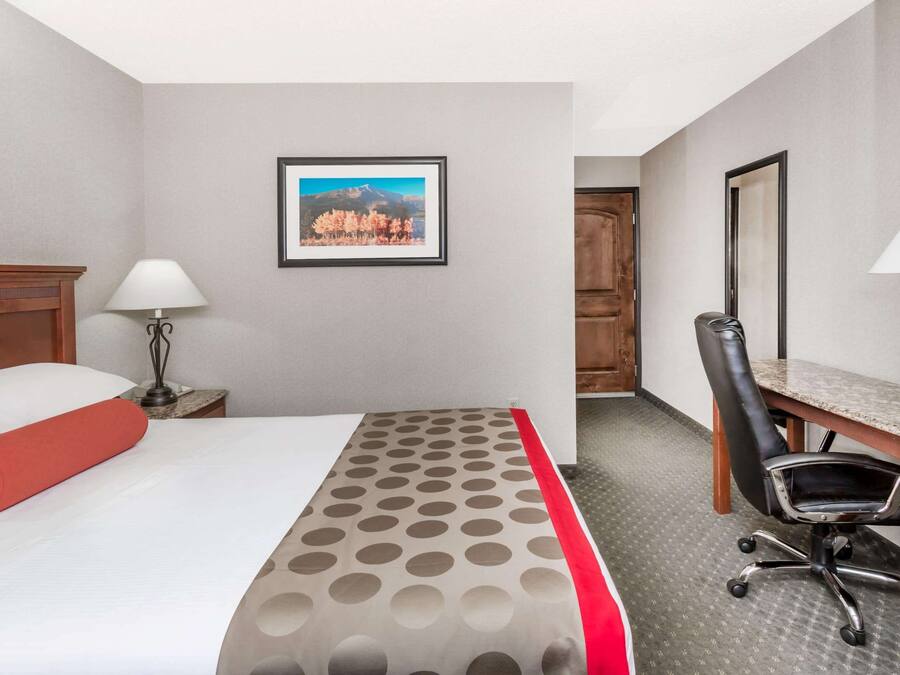 Una habitació d'hotel amb un llit, una taula de treball, una cadira, una làmpada i un quadre al mur.