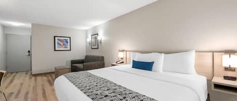 Una habitación de hotel con una cama grande, un escritorio, una silla y una puerta.