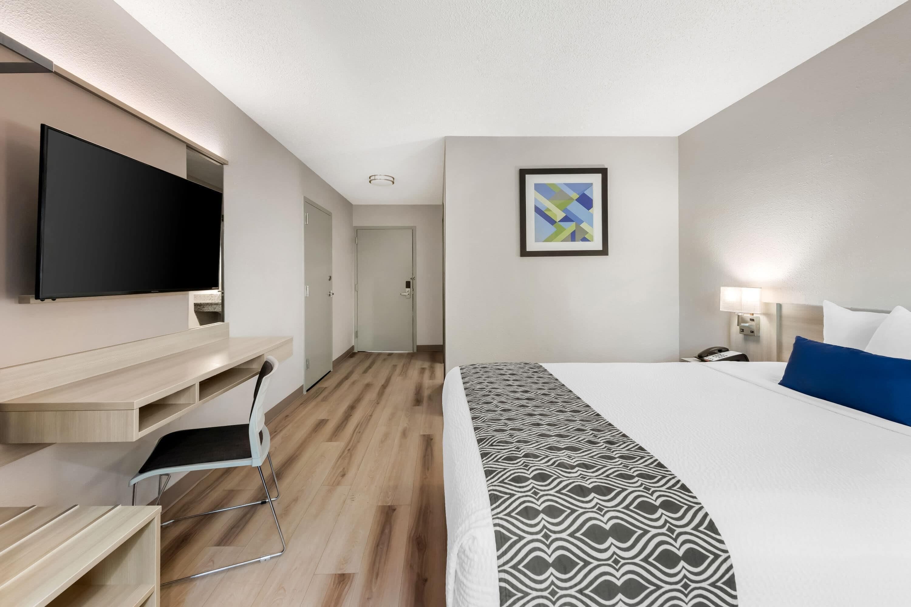 A hotel room with a bed, a desk with a chair, a flat-screen TV, a framed picture on the wall, and a nightstand with a lamp.