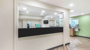 Zona de recepción con mostrador, televisor de pantalla plana, teléfono y un pequeño mostrador con exhibición.