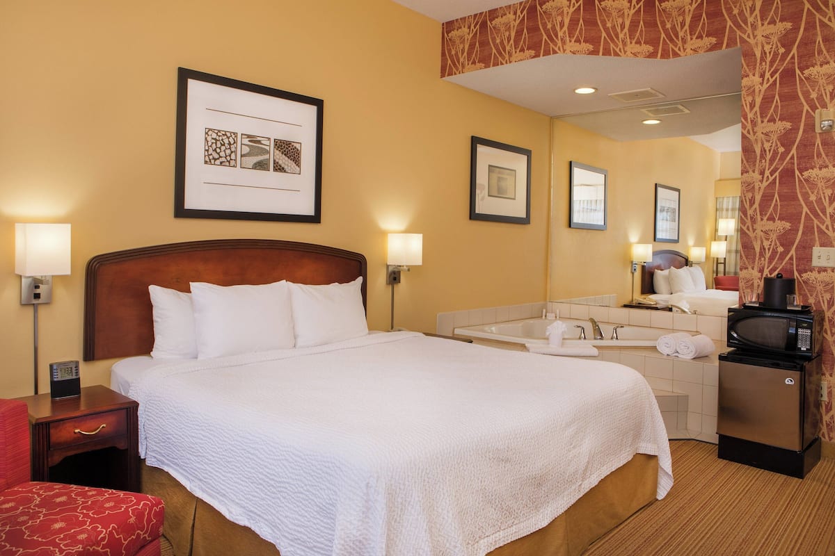 Une chambre d’hôtel avec un grand lit, une table de chevet avec une lampe, une chaise rouge, une salle de bain avec un lavabo et un miroir, et un four à micro-ondes posé sur la commode.