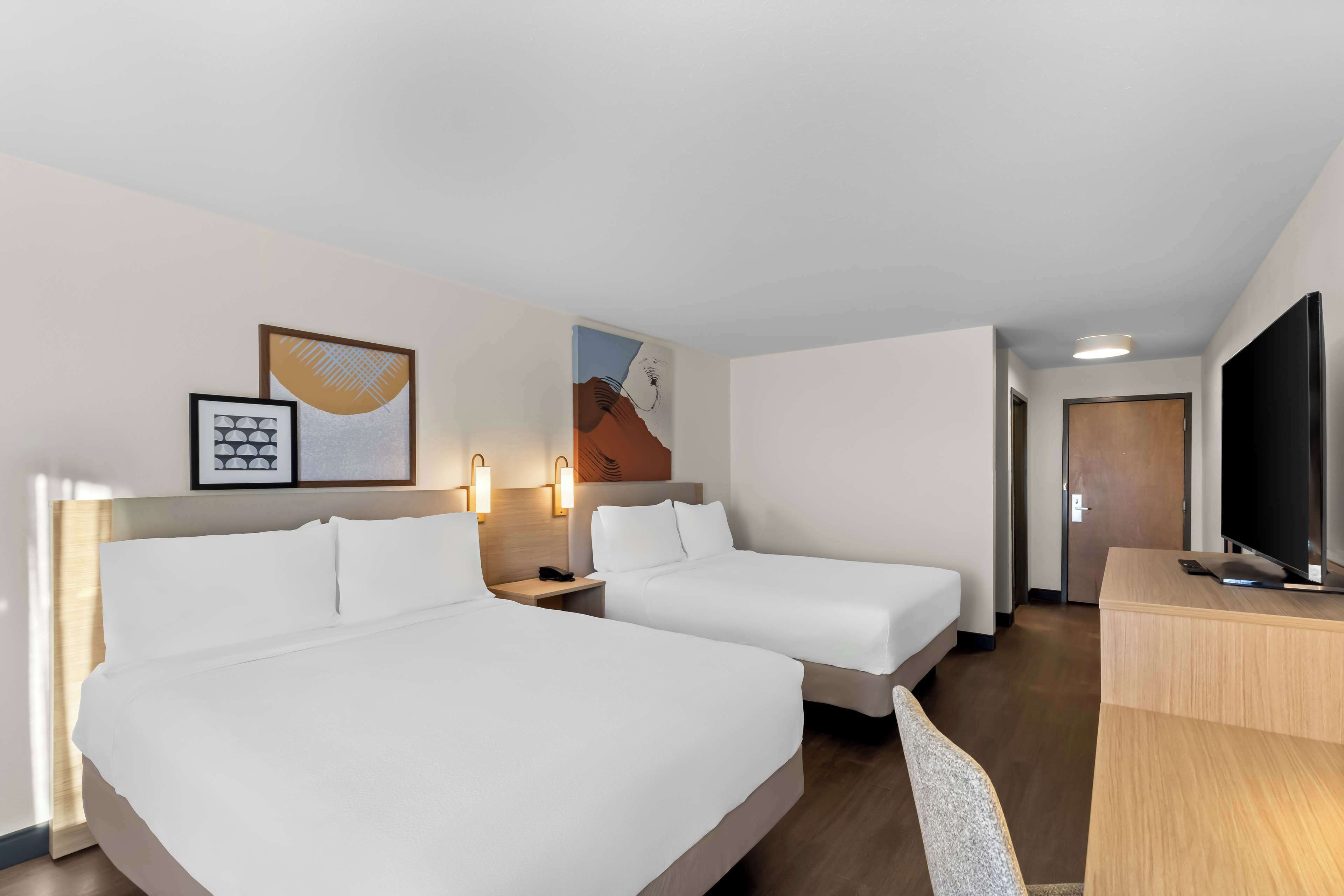 room, 2 queen beds | desk, laptop workspace, blackout curtains, iron/ironing board