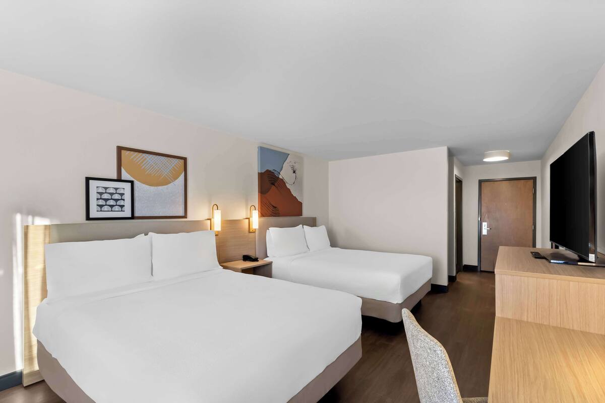 room, 2 queen beds | desk, laptop workspace, blackout curtains, iron/ironing board