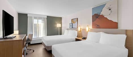 Room, 2 Queen Beds | Desk, laptop workspace, blackout drapes, iron/ironing board