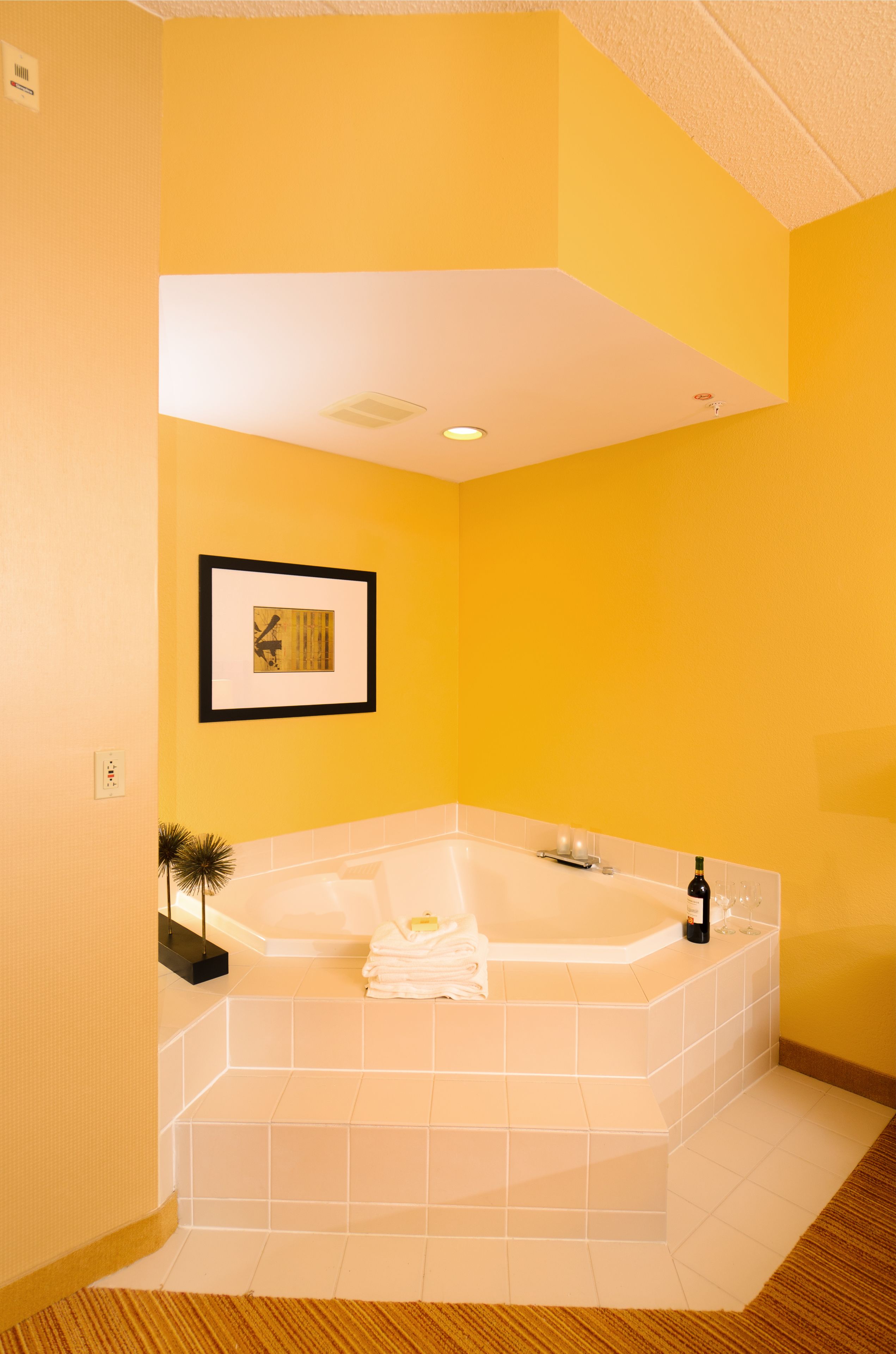 A bathroom with a large bathtub, a framed picture on the wall, and a small plant.