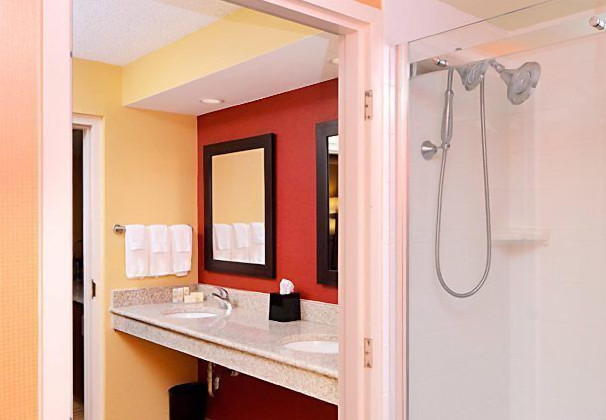 A bathroom with a sink, mirror, and shower.