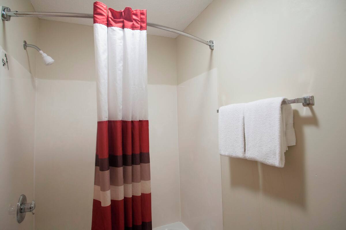 Casa de banho com cortina de chuveiro, porta-toalhas com toalhas e chuveiro.