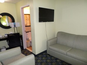 32-inch flat-screen TV with cable channels, TV