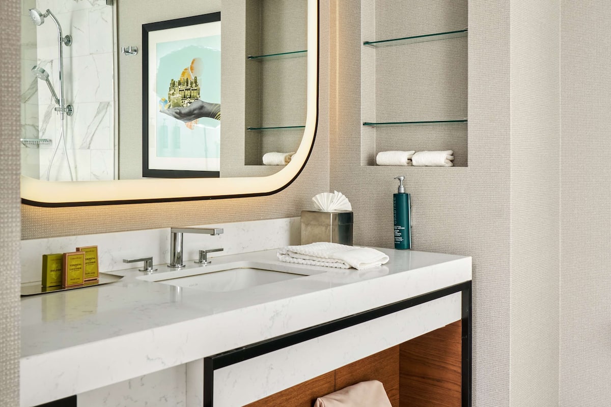 room, 1 king bed, non smoking, refrigerator (roll-in shower) | bathroom | free toiletries, hair dryer, towels