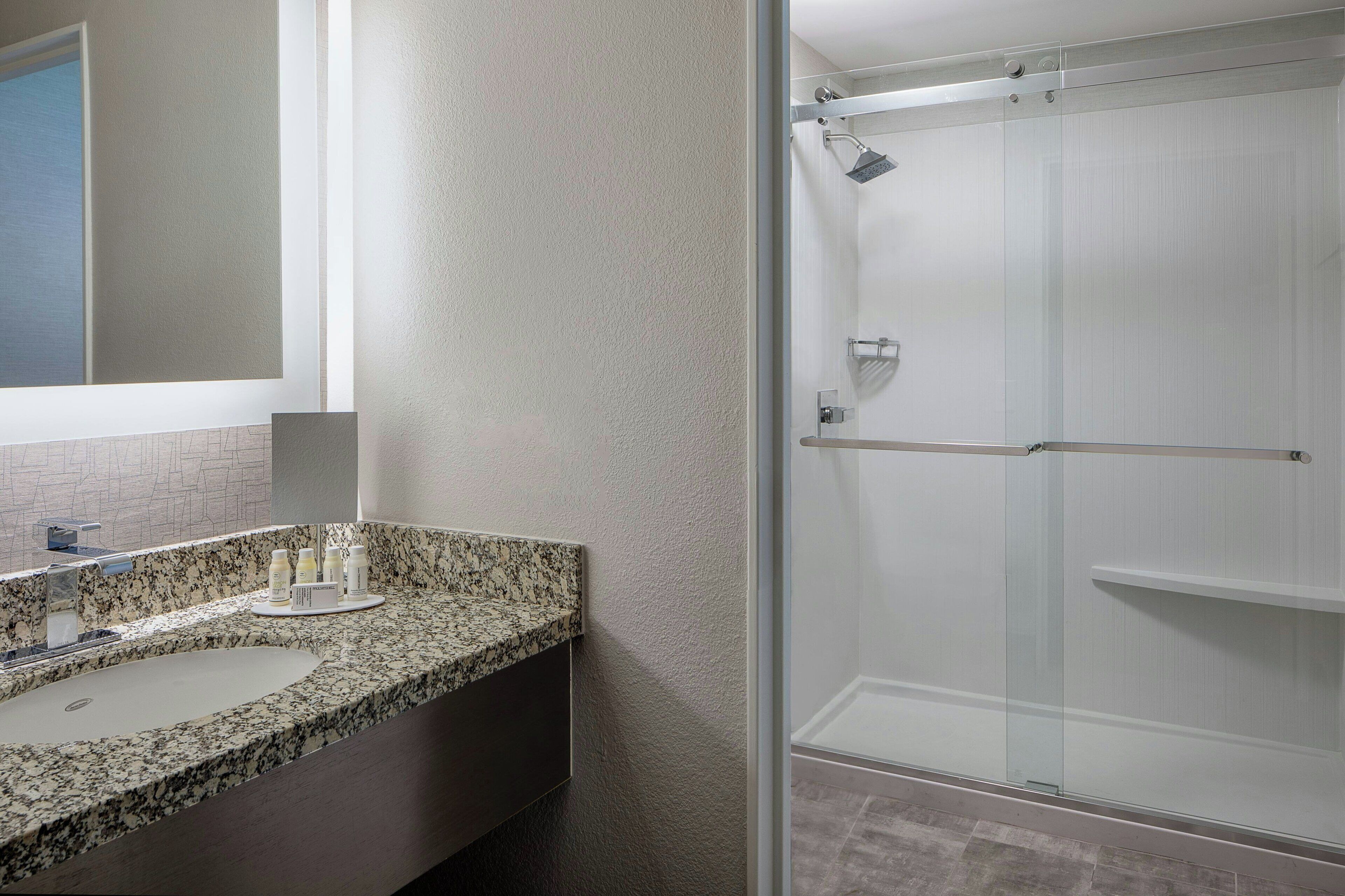A bathroom with a granite countertop sink, a mirror, and a glass shower enclosure.