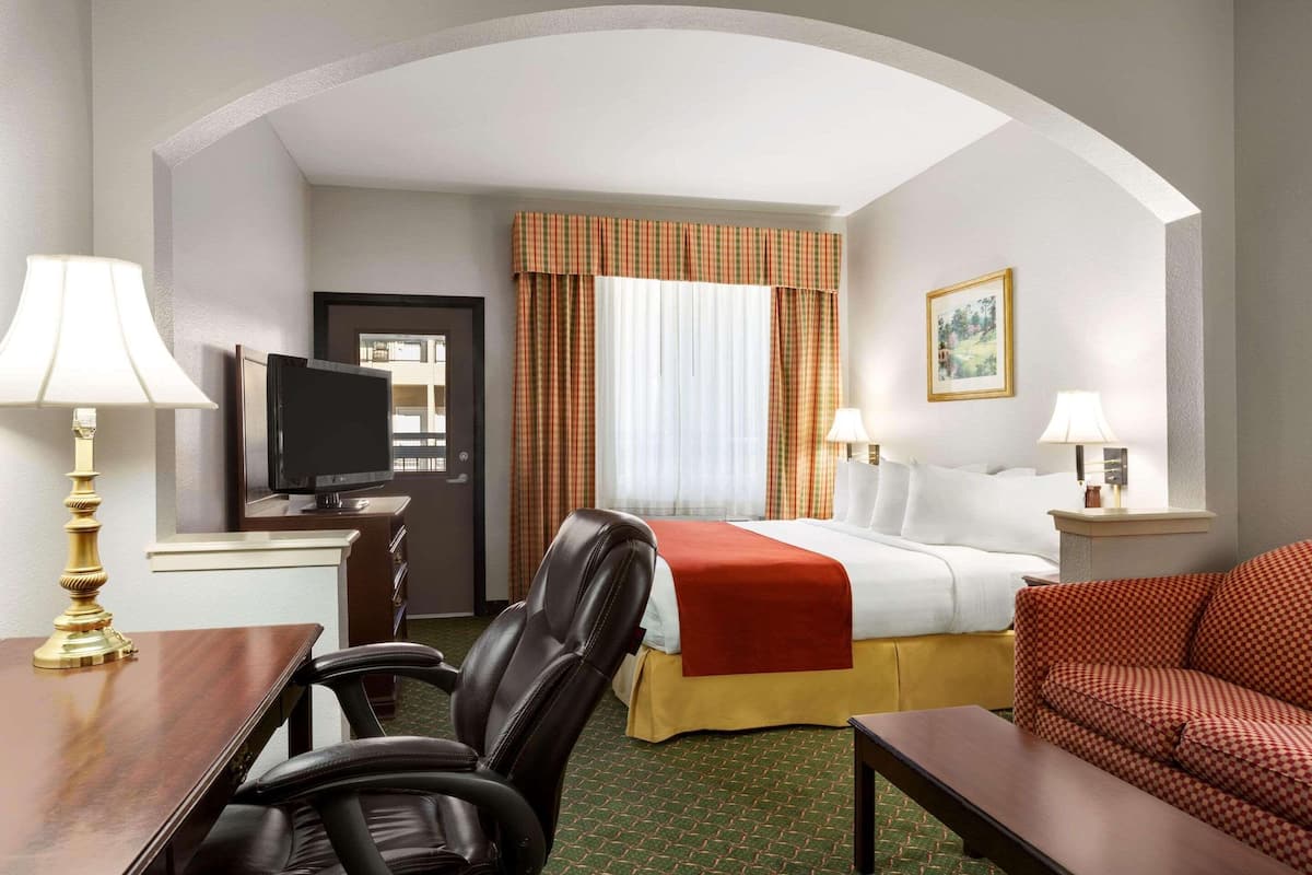 Habitación de hotel con cama, escritorio con televisor, silla, sofá y dos lámparas.