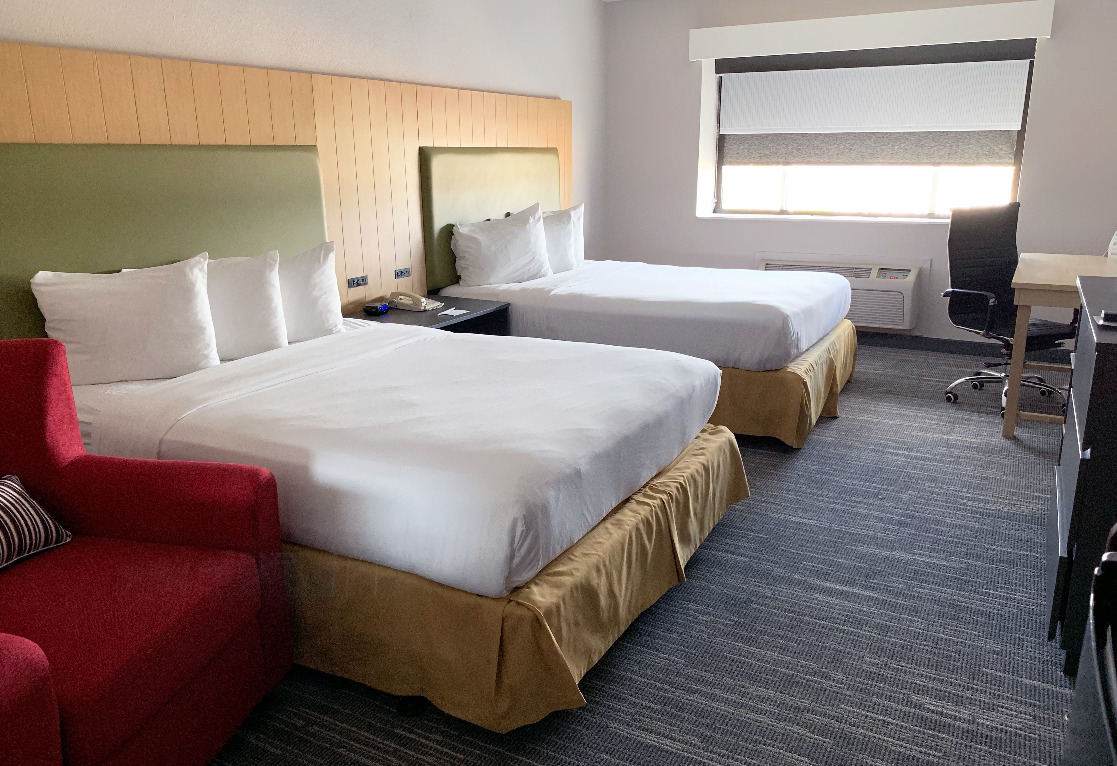 desk, laptop workspace, blackout curtains, iron/ironing board