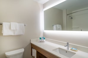 Ein Badezimmer mit Toilette, Waschbecken, Spiegel und Dusche.