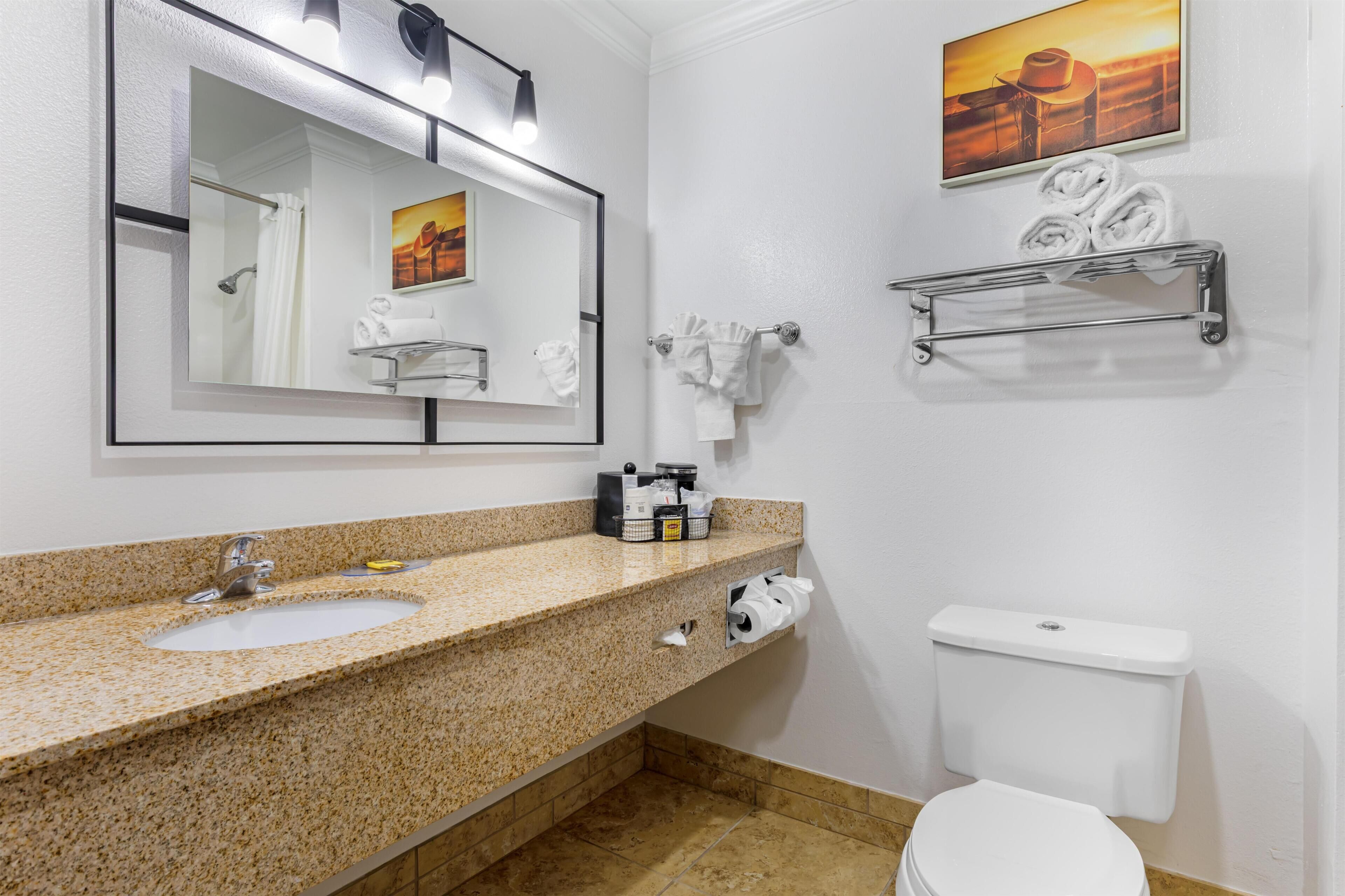 Une salle de bain avec un lavabo à dessus en granit, un miroir, des toilettes et des porte-serviettes.