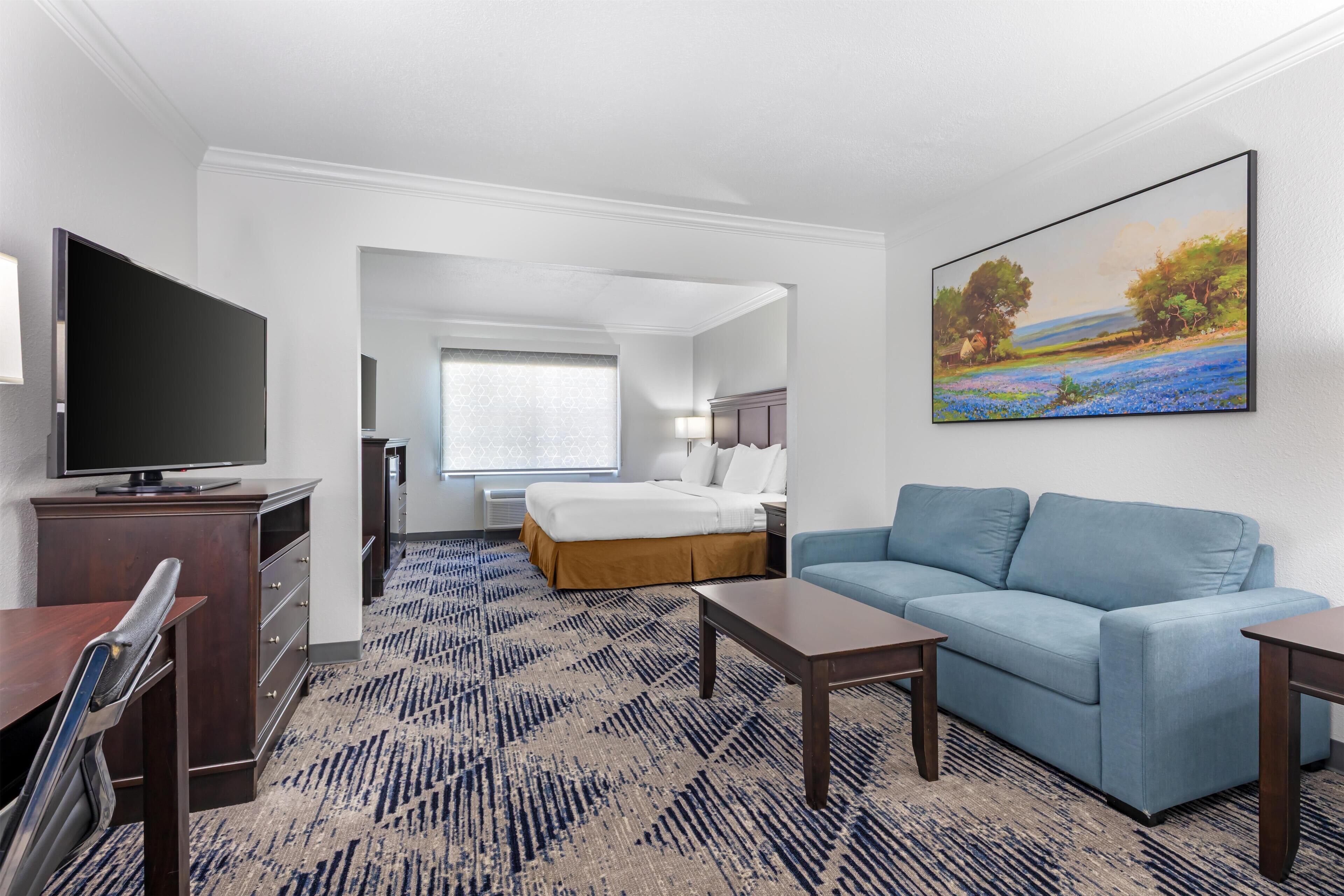 A hotel room with a bed, a sofa, a TV, and a painting on the wall.