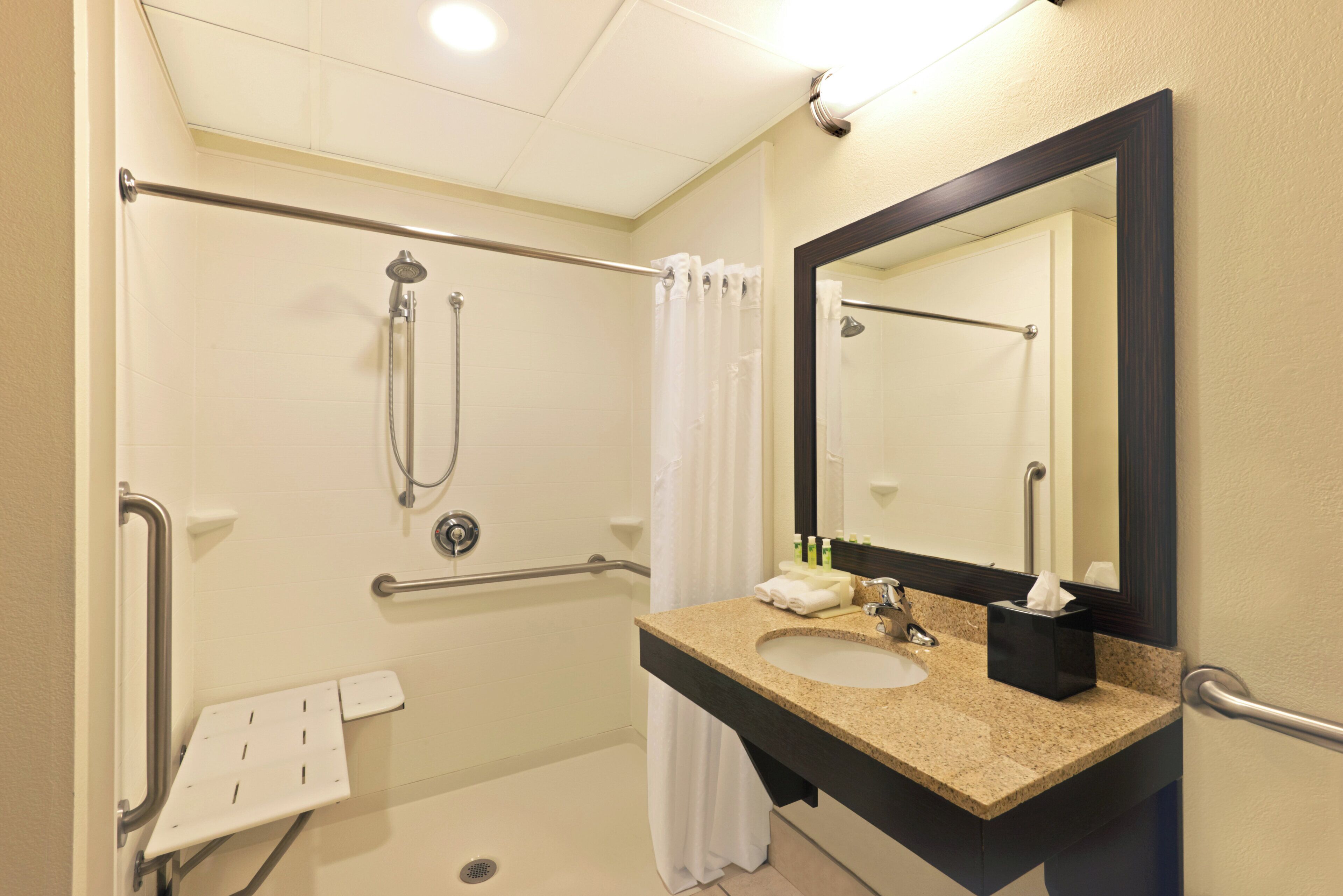 A bathroom with a shower, grab bars, a sink, and a mirror.