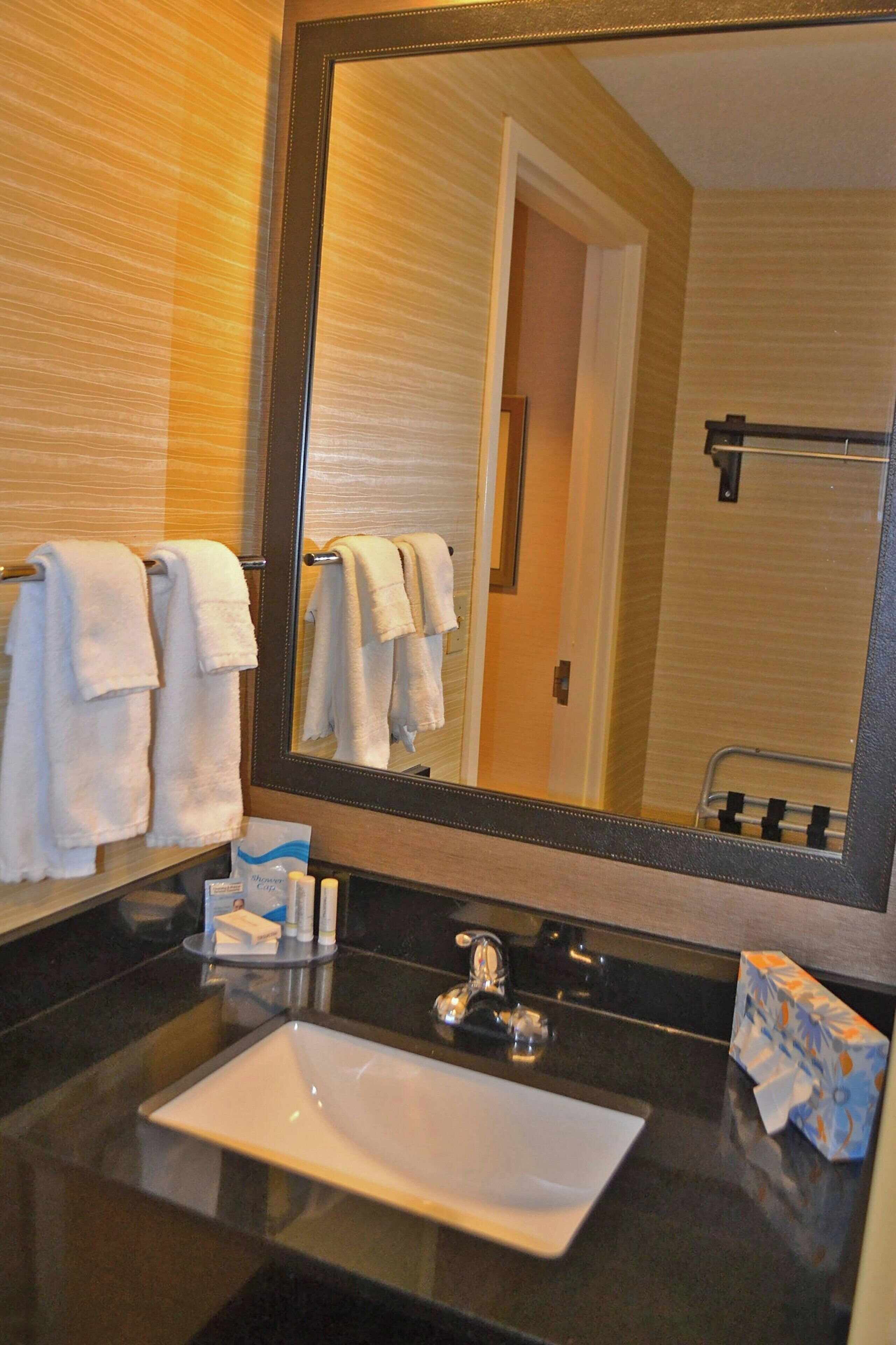 combined shower/bathtub, free toiletries, hair dryer, towels