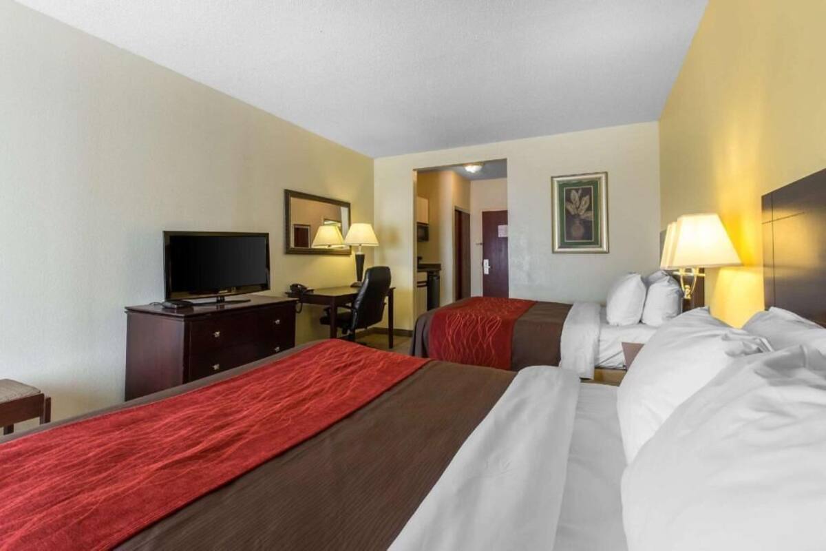 A hotel room with two beds, a desk with a television, and lamps.