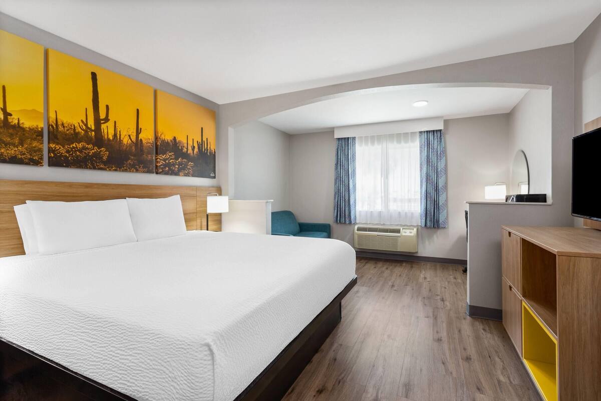 A hotel room with a large bed, a desk, a chair, a TV, and a painting on the wall.