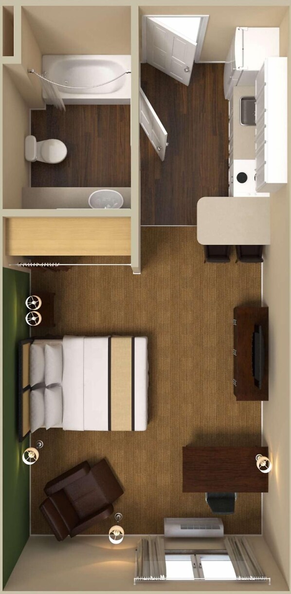 A compact hotel room with a bed, a desk, a chair, a small bathroom, and a window. - Extended Stay America Suites Shelton Fairfield County (Shelton)