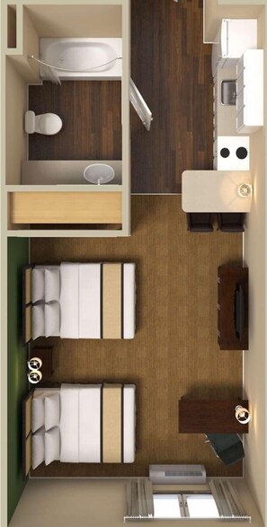 Cozy retreat with a single bed, bedside table, and kitchenette area.