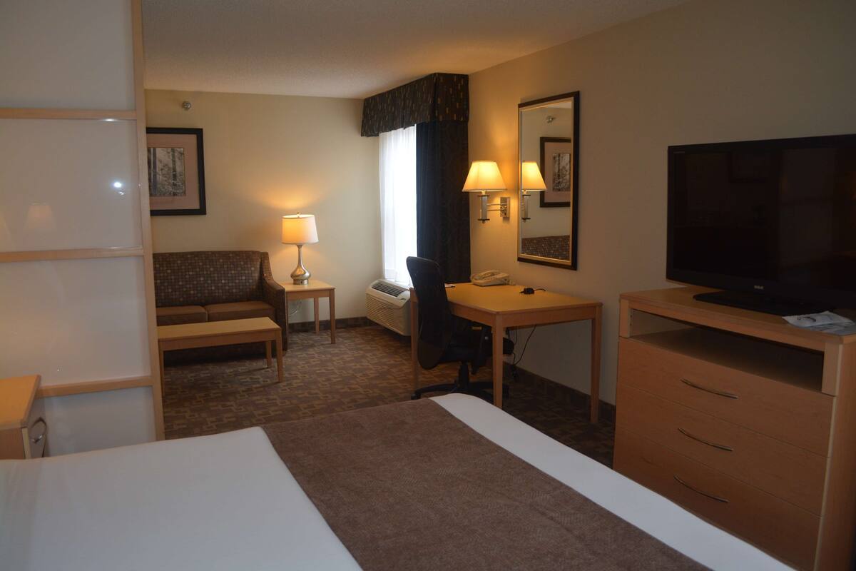 A hotel room with a bed, a desk, a chair, a television, a sofa, and a lamp.