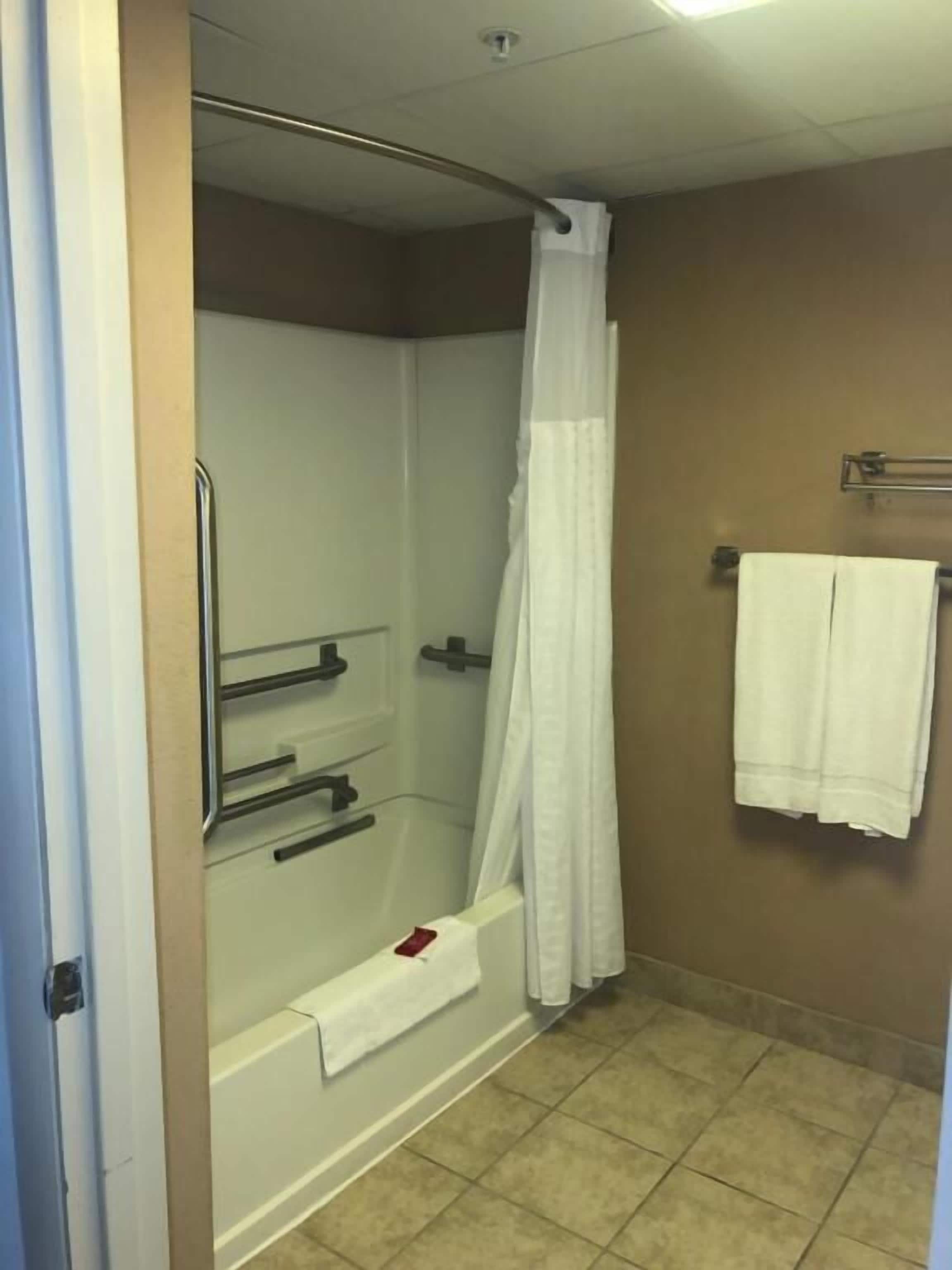 A bathroom with a shower, a towel rack, and a toilet paper holder.