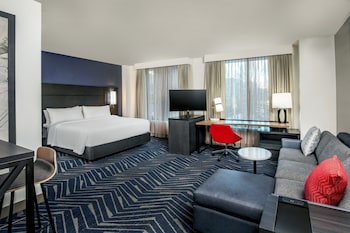 Premium bedding, desk, laptop workspace, blackout drapes at Residence Inn by Marriott Boston Cambridge