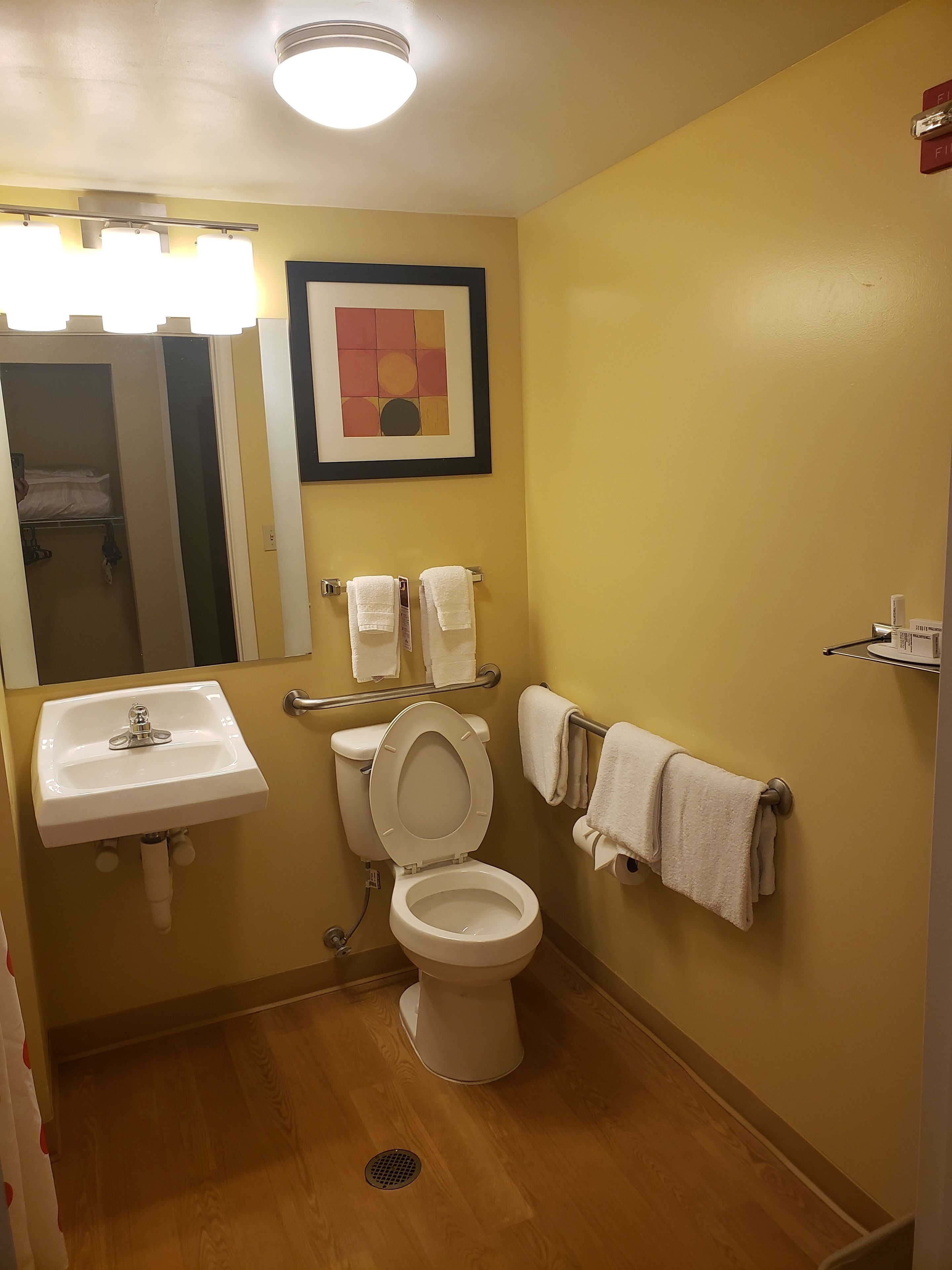A bathroom with a toilet, sink, and towel rack.