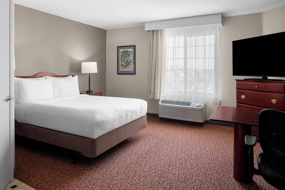 A hotel room with a bed, a desk, a chair, a flat-screen TV, a heater, and a window with curtains.
