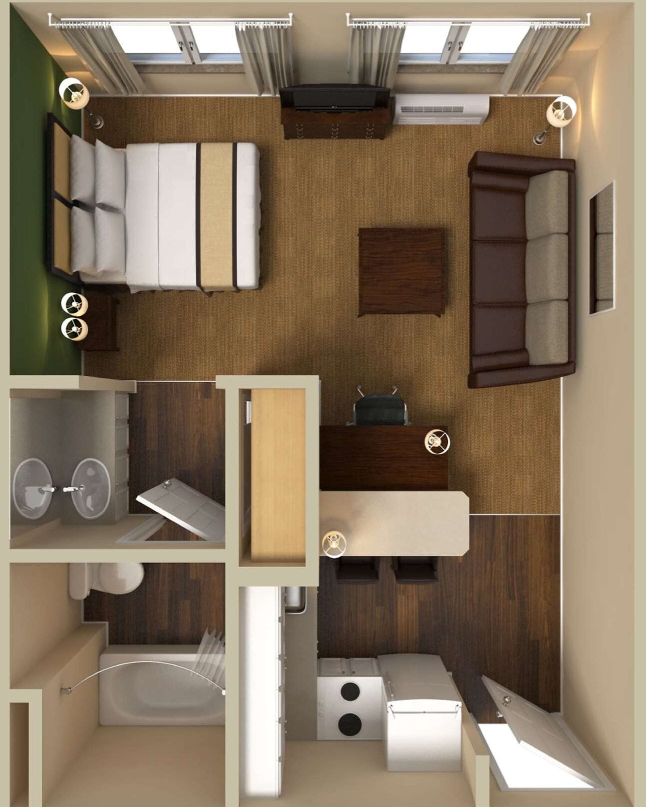A compact studio apartment with a kitchenette, a bed, a seating area, and a bathroom.