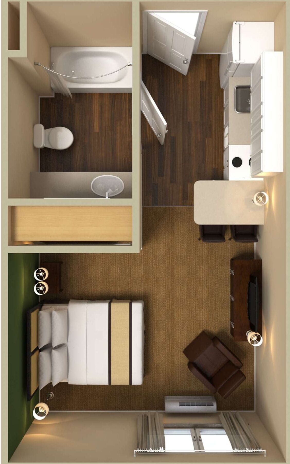 A compact hotel room with a bathroom, kitchenette, and a bed with a desk.