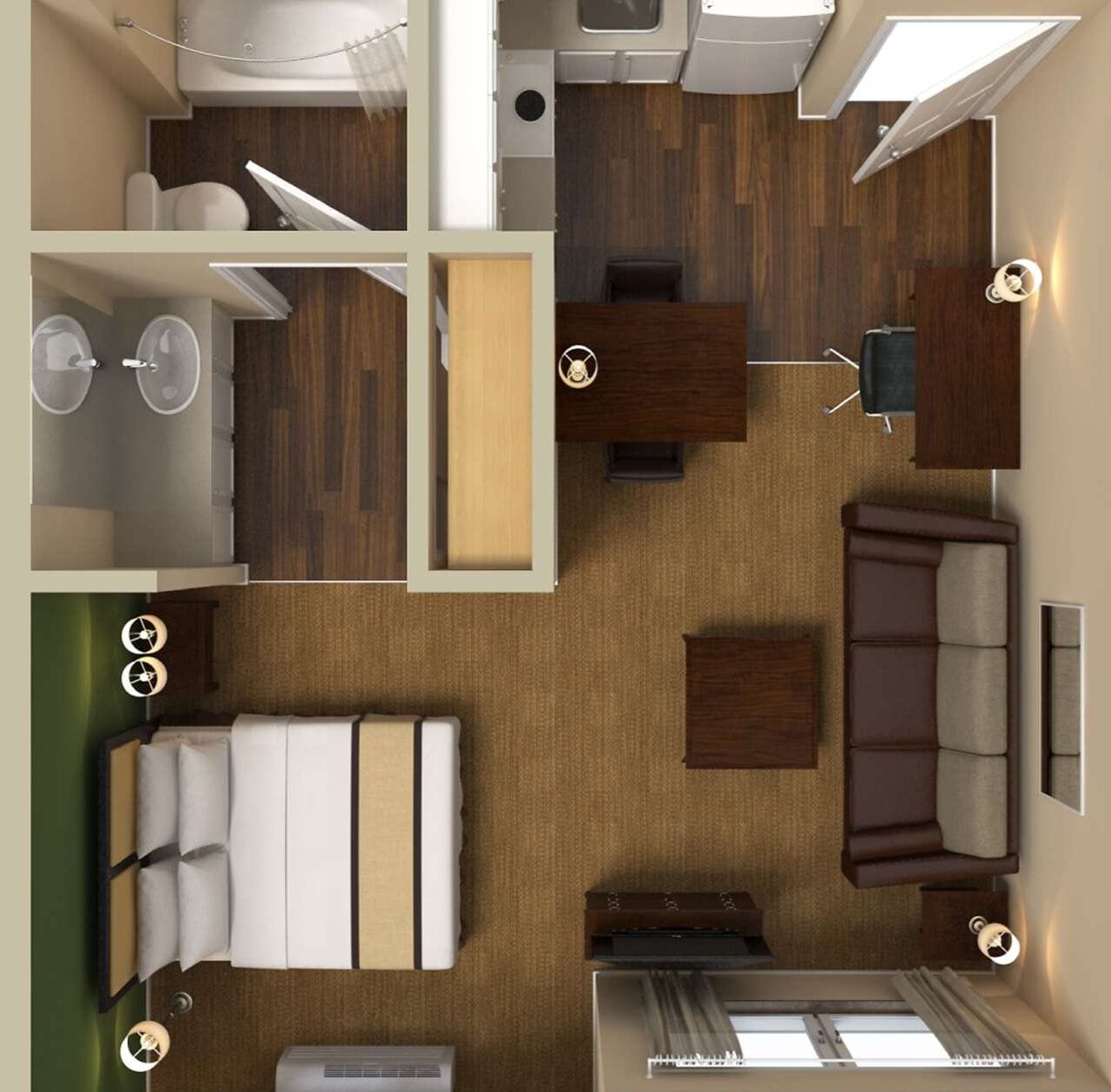 A compact RV layout with a bed, kitchenette, seating area, and a small bathroom.