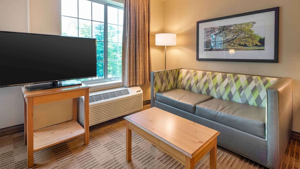 Ett hotellrum med en tv på ett träställ, en soffa med mönstrade kuddar, ett bord, en golvlampa och en inramad tavla på väggen.