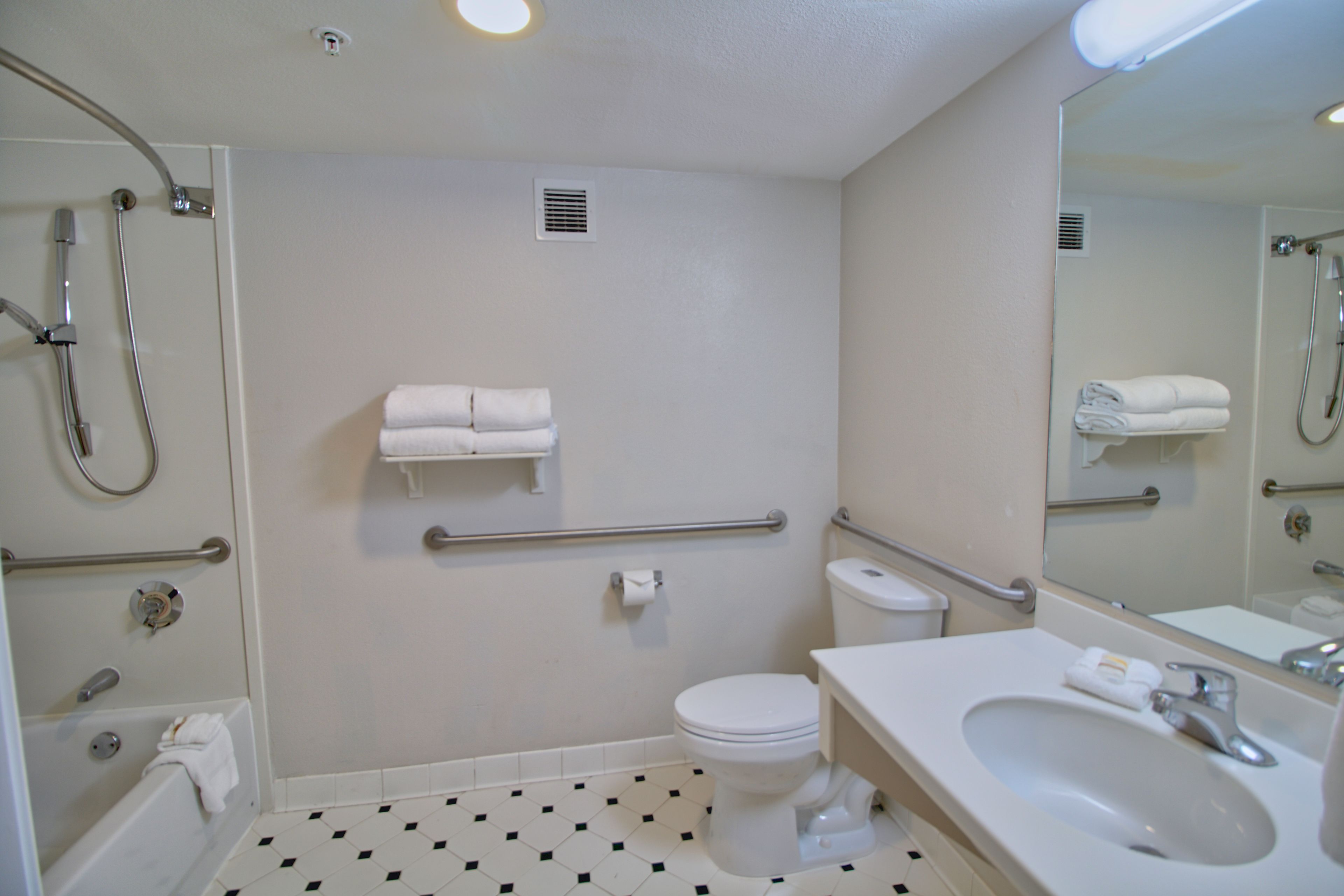 A bathroom with a white toilet, a sink, a shower, and a mirror.