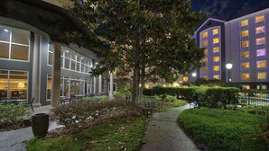 A hotel courtyard with a paved walkway, seating areas, and a large tree. - La Quinta Inn & Suites by Wyndham Orlando I Drive/Conv Ctr (Orlando)