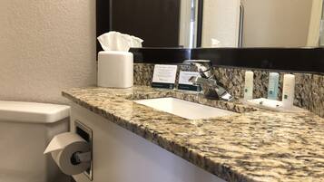 Eco-friendly toiletries, hair dryer, towels