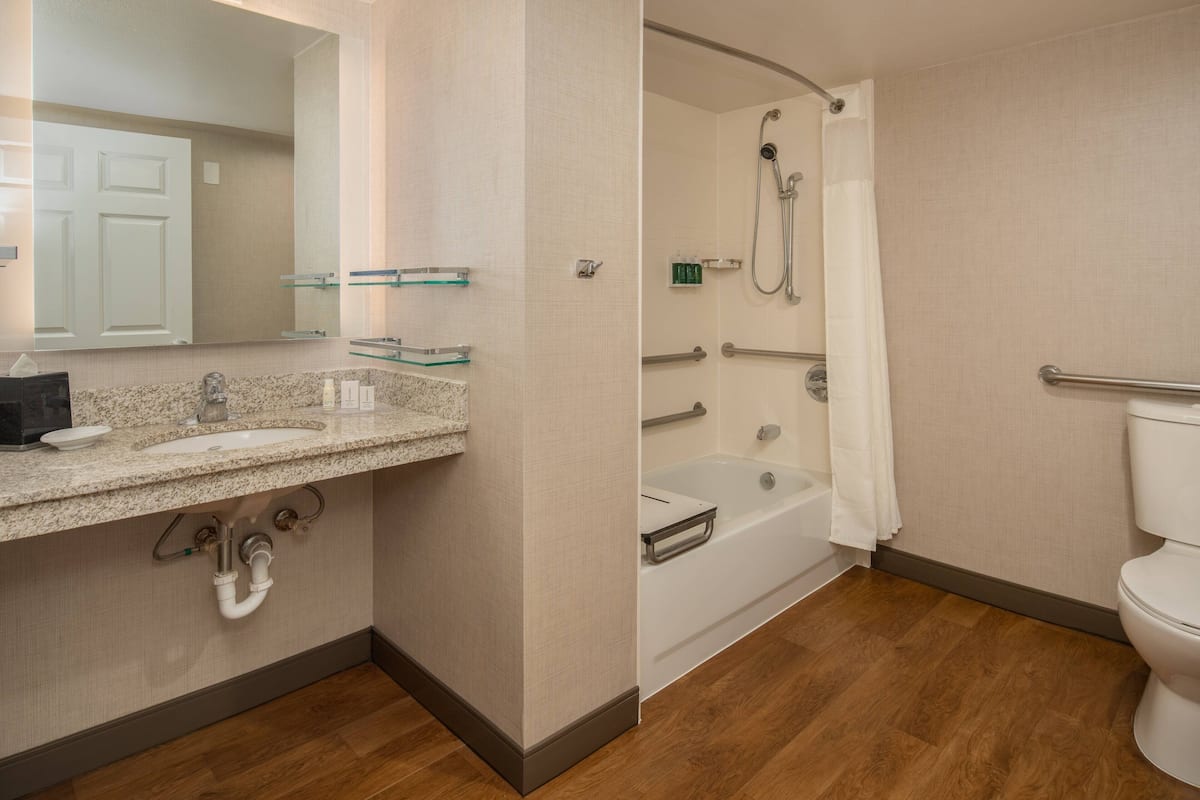A bathroom with a sink, mirror, shower, and toilet.