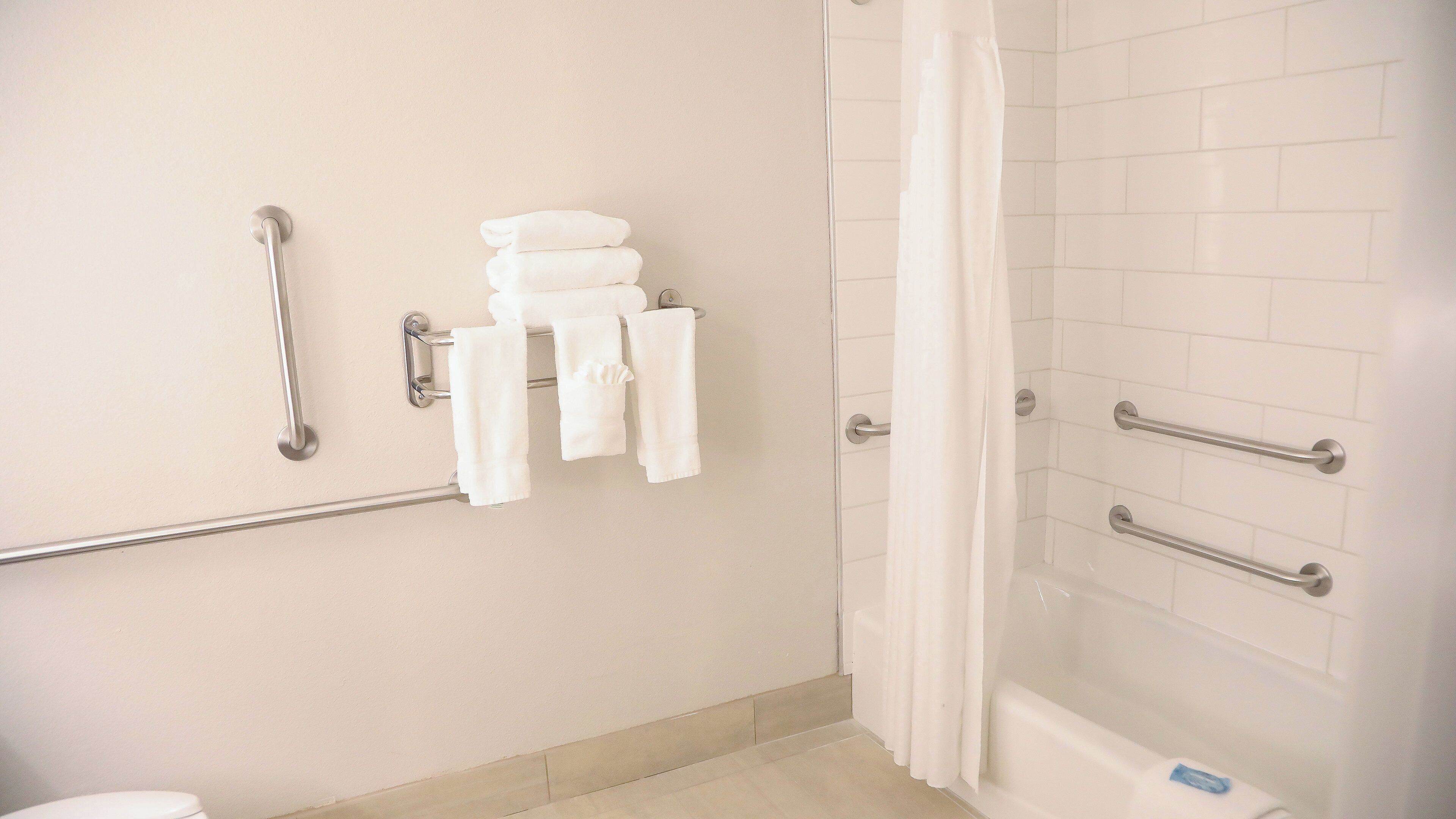 Une salle de bain équipée d’une douche, de barres d’appui et d’un porte-serviettes.