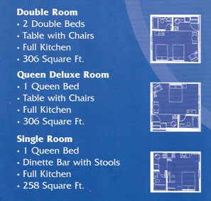 Floor plans for a hotel with Double Room, Queen Deluxe Room, and Single Room, each with a full kitchen and varying bed counts. - Suburban Studios of Wilmington (Wilmington)